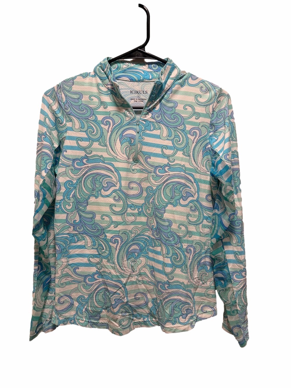 Icikuls 1/4 Zip Performance Pullover Vented Sun Shirt in Blue and Green Print